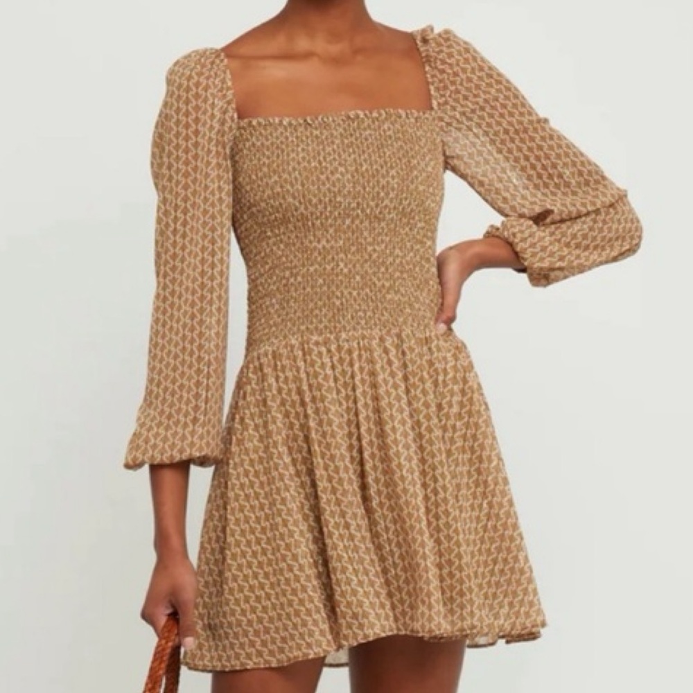 Kourt Anthropologie Smocked Square-Neck Dress in Camel Beige
